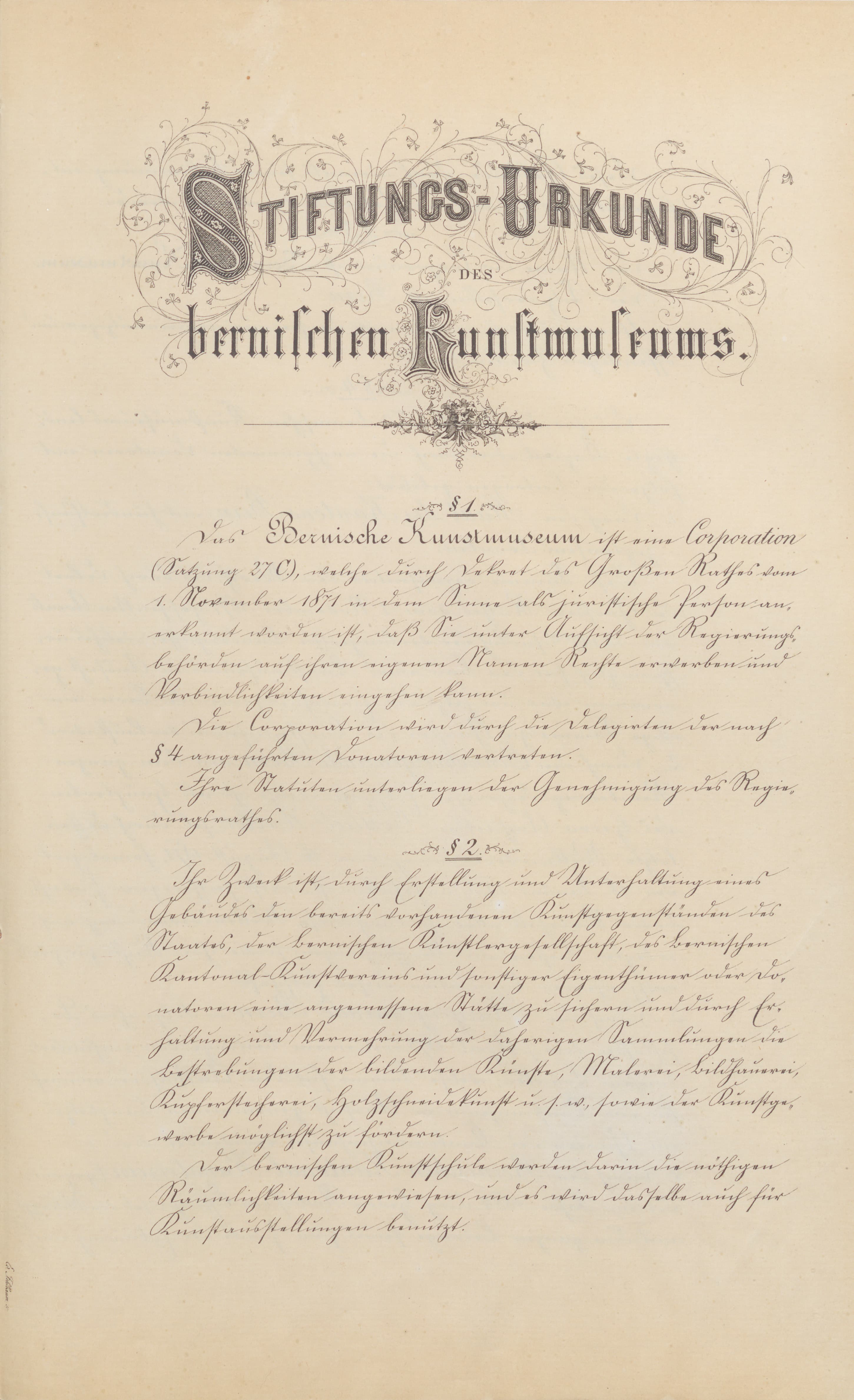 Stiftungsurkunde Corporation Bernisches Kunstmuseum