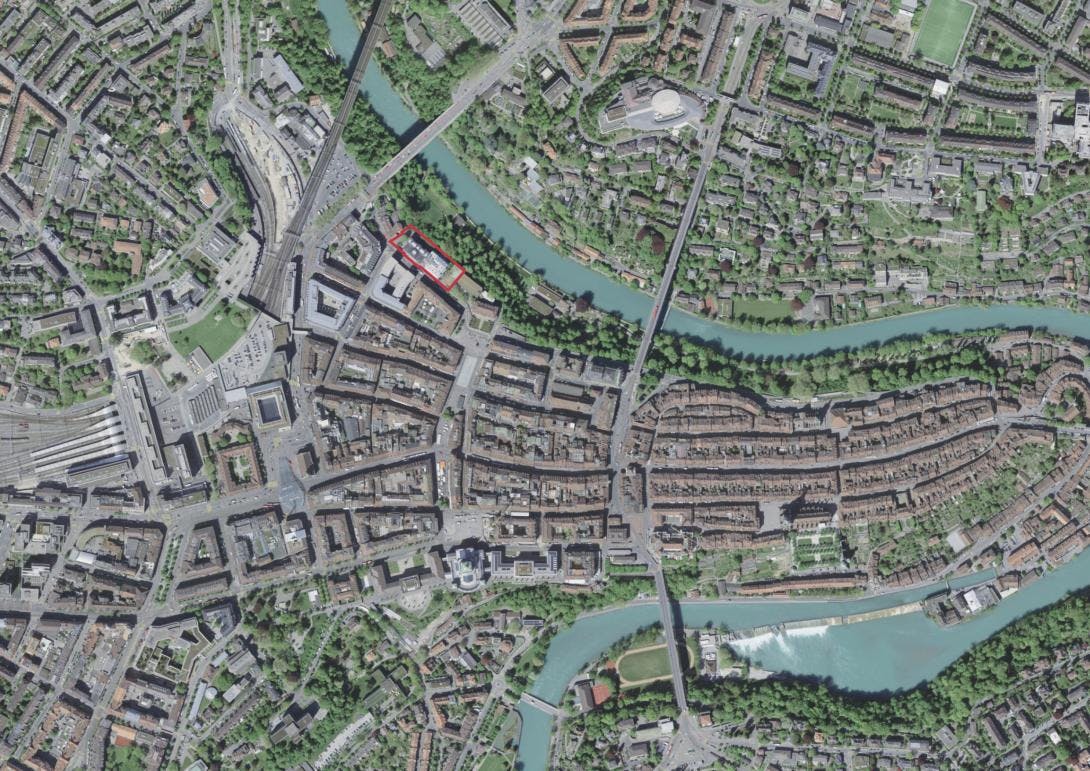 Luftbild mit Planungsperimeter «Zukunft Kunstmuseum Bern»
